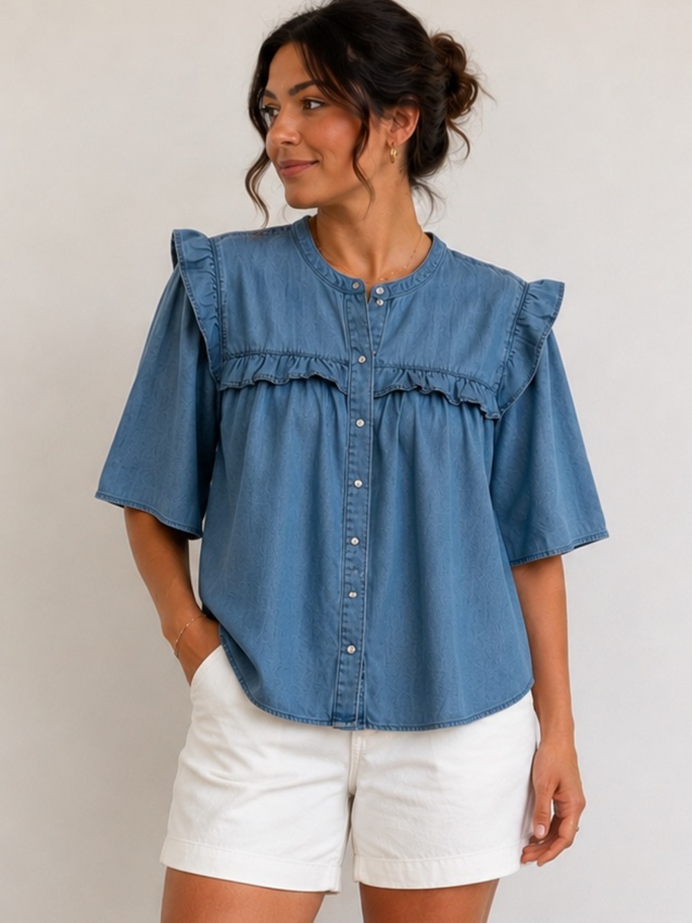 Levi’s Gianna Ruffle sleeve Blouse Blue Tencel Denim Ruffle pearl Button Front L